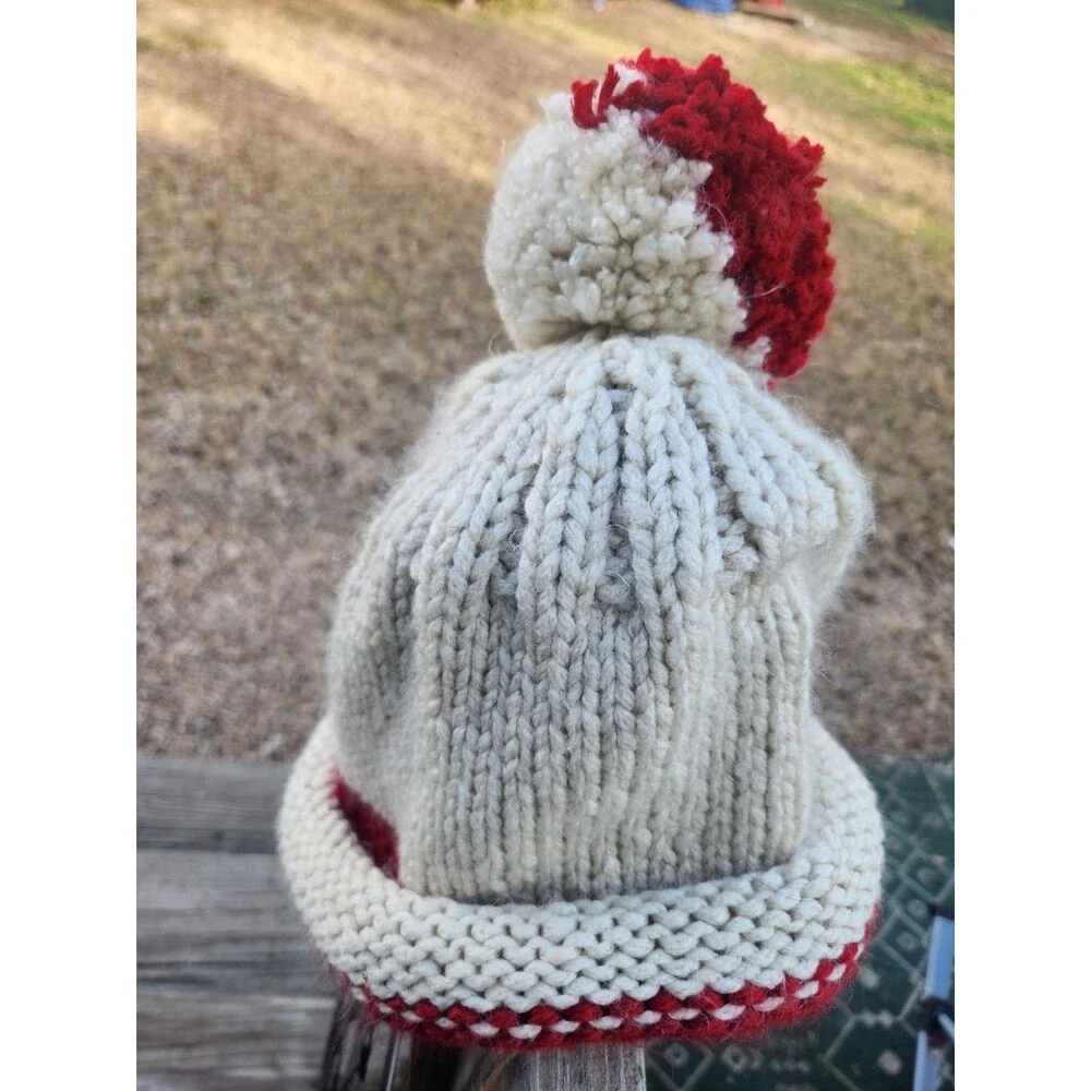 Hand Crochet Beanie Hat in Off White and Red. Slouchy Soft Stocking Cap